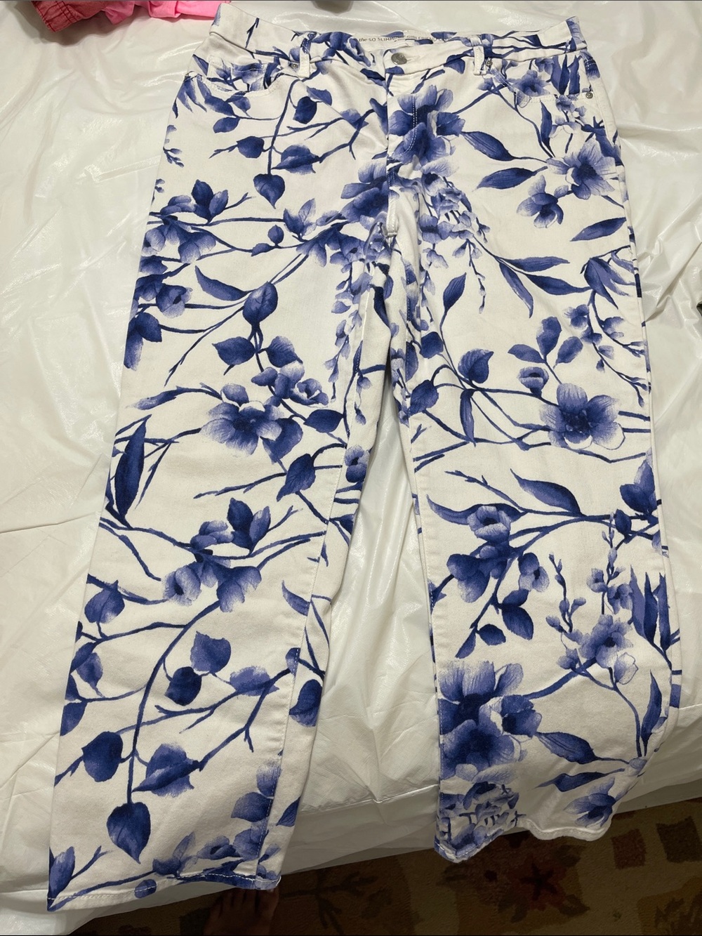 Chico's White Jeans with Blue Floral Print